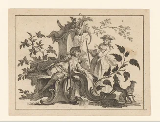 Homme fumant la pipe avec un fusil et une femme avec deux chiens sur un ornement rococo Rokers op rococo-ornament (titre de la série)