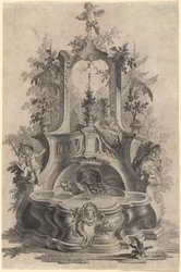 Fontaine rococo avec amoureux et les quatre éléments
