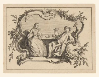 Femme et homme fumant la pipe à une table dans une cartouche