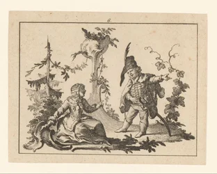 Femme assise avec un homme debout avec une pipe sur un ornement rococo
