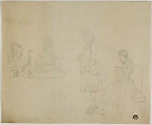 Esquisse de groupe familial avec trois femmes assises et un jeune homme debout