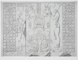 Relief représentant un prêtre avec des offrandes du sanctuaire du Temple du Soleil, Palenque, planches 29 et 30 de Monuments anciens du Mexique, gravé par Werner