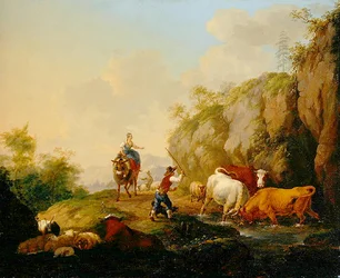 Paysage avec berger et rustiques