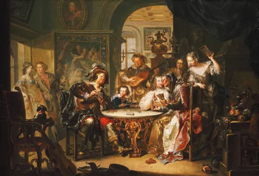 Un gentleman trichant aux cartes avec une vieille dame dans un intérieur somptueux
