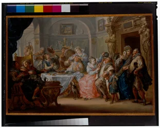 Intérieur avec des figures élégantes en costume de mascarade festoyant
