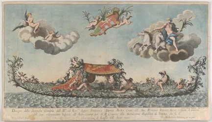 La deuxième gondole très ornée de Francesco Antonio Berka entrant à Venise, Dieux sur c..., 1700