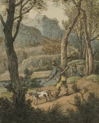 Chasseur avec deux chiens