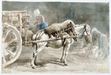Cheval de charrette mangeant de l