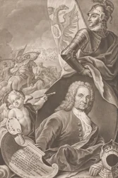 Portrait du peintre Georg Philipp Rugendas avec scène de bataille en arrière-plan
