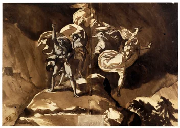 Les sorcières flottant au-dessus de Macbeth et Banquo