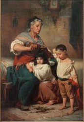 Grand-mère coupant les cheveux de ses petits-enfants