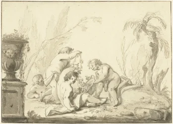 Représentation allégorique avec des enfants portant un panier de fleurs