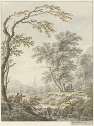 Paysage avec cascade et église au loin