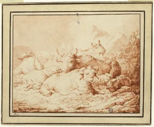 Bétail et moutons avec berger dans un paysage rocheux