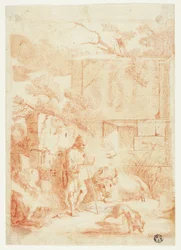 Vacher avec taureau et chien dans des ruines