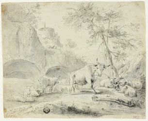 Paysage avec berger et moutons, chèvre, bétail