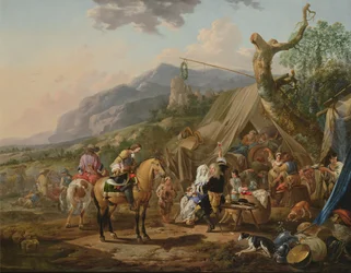 Commandant militaire dans un campement de montagne avec des fêtards