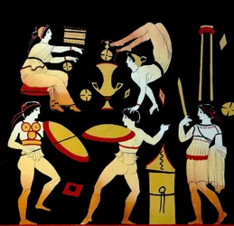 Acrobates et trois hommes exécutant la danse de guerre Pyrrhichios ou Pyrrhike vers 1796