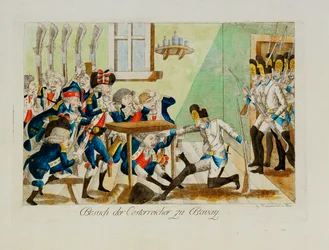 Des soldats autrichiens surprennent un détachement français dans ses quartiers à Bavai ... (gravure)