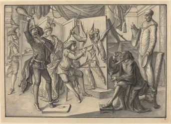 Mezzetin peint un portrait de Cupidon en découpant la toile pour révéler Arlequin