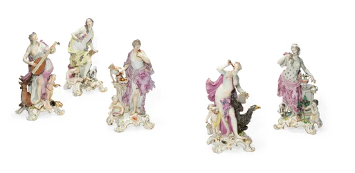 Cinq figures de Meissen emblématiques des sens, vers 1765