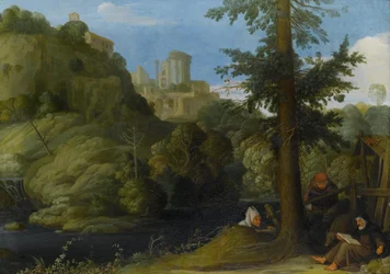 Un ermite avec deux voyageurs dans un paysage boisé