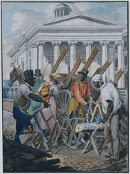 Scieurs noirs au travail devant la Banque de Pennsylvanie, Philadelphie