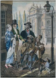 Les "mondains" interrogent les ramoneurs et leur maître devant Christ Church, Philadelphie