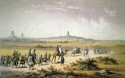 Heinrich Barth approchant de Tombouctou, vers 1860 (lithographie)