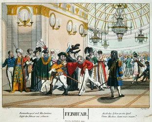 Bal masqué de carnaval russe, illustration de calendrier pour février, publié à Nuremberg, vers 1830