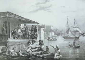 Débarquement, gravé par Deroi et Léon Jean Baptiste Sabatier (fl.1827-87) publié par Engelmann, c.1835 (litho)