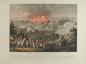 Bombardement de Copenhague, 2-5 septembre 1807, aquatinte colorée par et après J. Laurent Rugendas, publiée par J. Laurent Rugendas, Augsbourg, 1807