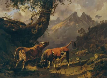 Taureau poursuivant une vache, paysage de Carrara en arrière-plan