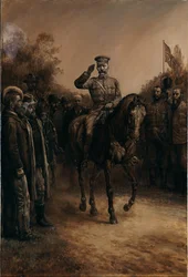 Le général Lord Kitchener salue en passant à cheval devant des chefs boers qui se tiennent debout et ôtent leur chapeau, 1902
