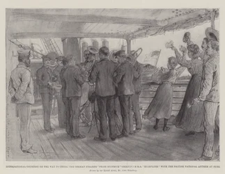 Courtoisie internationale en route vers la Chine, le vapeur allemand Prinz Heinrich saluant le HMS Highflyer avec l