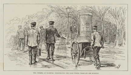 Le choléra à Hambourg, désinfection de la route où circulent les tramways