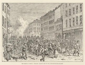 Les émeutes à Vienne, les hussards chassant la foule dans la Lerchenfelder-Strasse