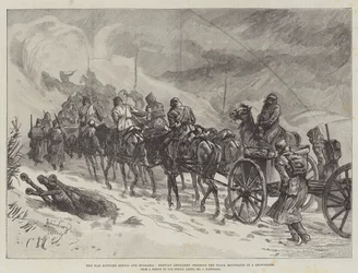 La guerre entre la Serbie et la Bulgarie, artillerie serbe traversant les montagnes de Ploca sous une tempête de neige