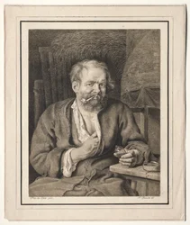 Paysanne assise à une table, fumant une pipe