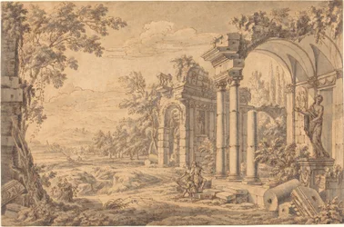 Paysage avec un dessinateur parmi les ruines antiques