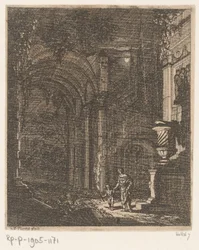 Deux figures éclairant des ruines antiques avec une torche (série: Ruines et bâtiments antiques)