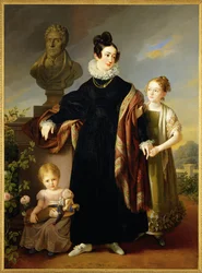 Freifrau Josefine Dietrich-Landsee, récemment veuve, avec ses deux filles Josephine et Anna (peinture sur toile)
