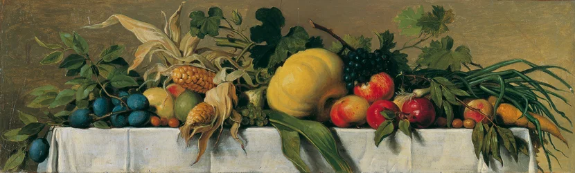 Nature morte aux fruits et légumes sur nappe blanche