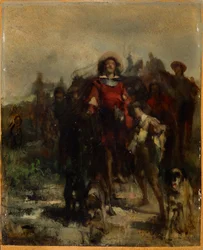 Chevalier, garçon et trois chiens, peut-être à la chasse
