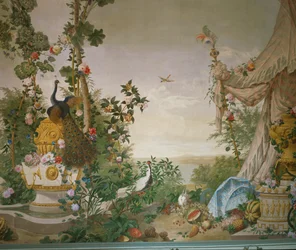 Scène de jardin avec paon et tente dans la salle de jardin du château de Schönbrunn