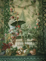 Scène de jardin avec parapluie et tente somptueuse