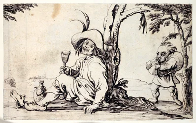 Campagnard assis se rafraîchissant et un nain avec des cornemuses