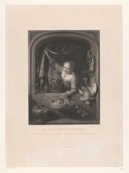 Femme avec un panier de fruits à la main près de la fenêtre. La ménagère hollandaise