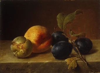 Une pêche et des prunes sur un rebord de marbre, 1860