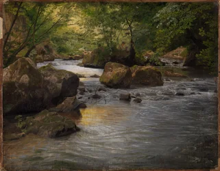 Ruisseau de montagne avec un peintre assis